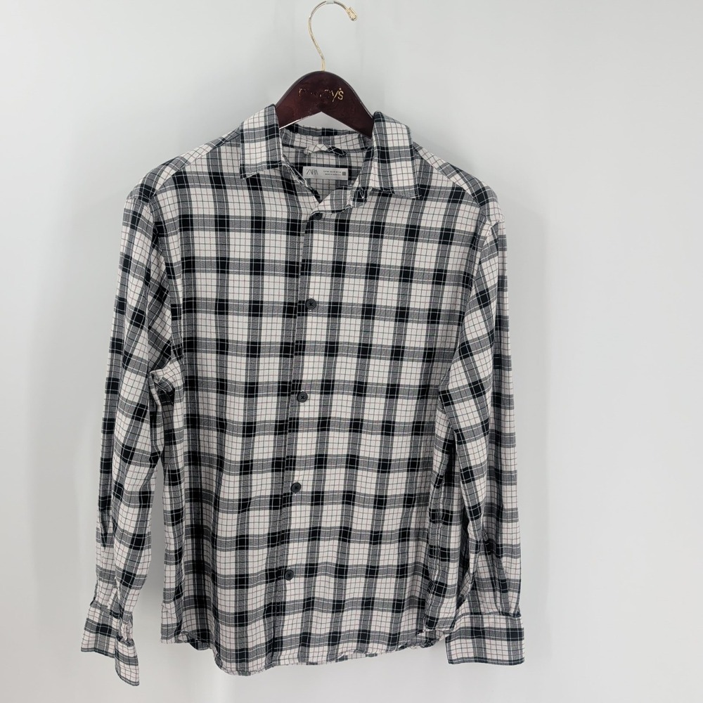 Zara Long Sleeve‎ Plaid Classic Button-Up Shirt White Gray Black Size M